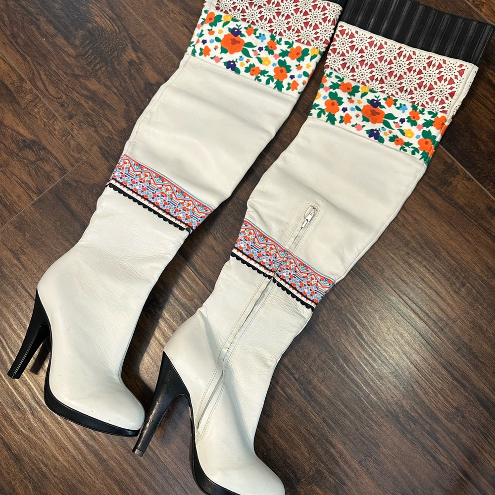 Topshop White Embroidered Over the Knee Boots